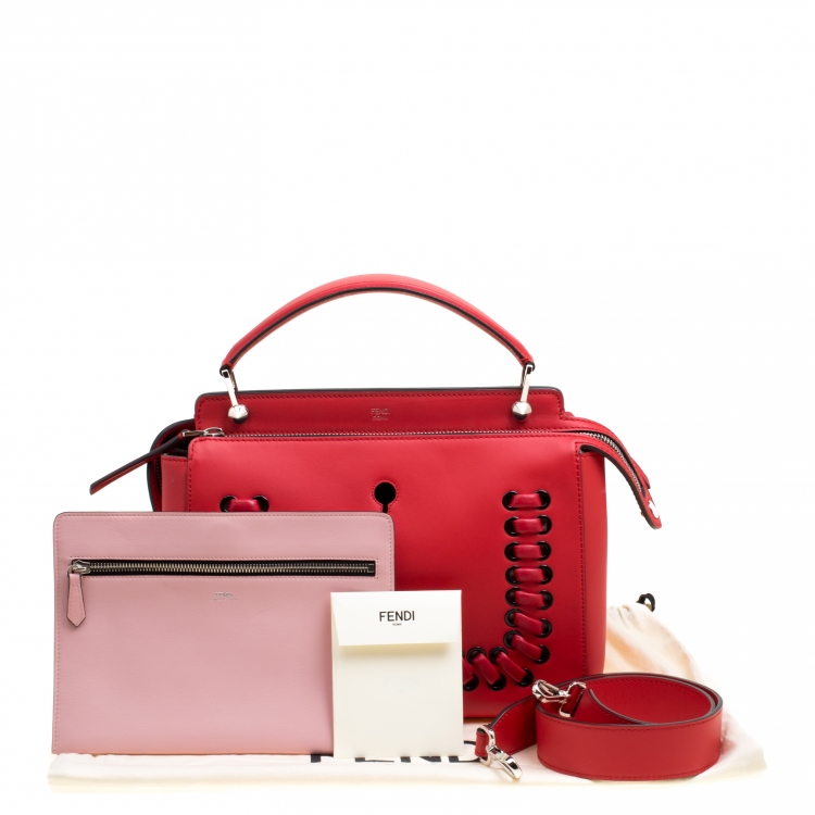 Pre Owned Fendi Red Leather Whipstitch Dotcom Top Handle Bag