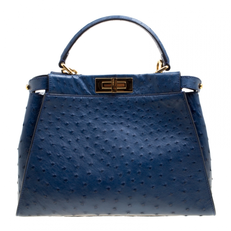 Pre Owned Fendi Blue Leather Medium Peekaboo Top Handle Bag