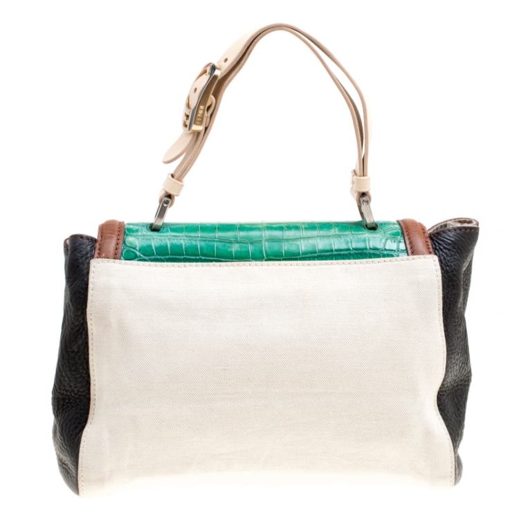 Pre Owned Fendi Multicolor Canvas, Leather and Crocodile Silvana Top Handle Bag