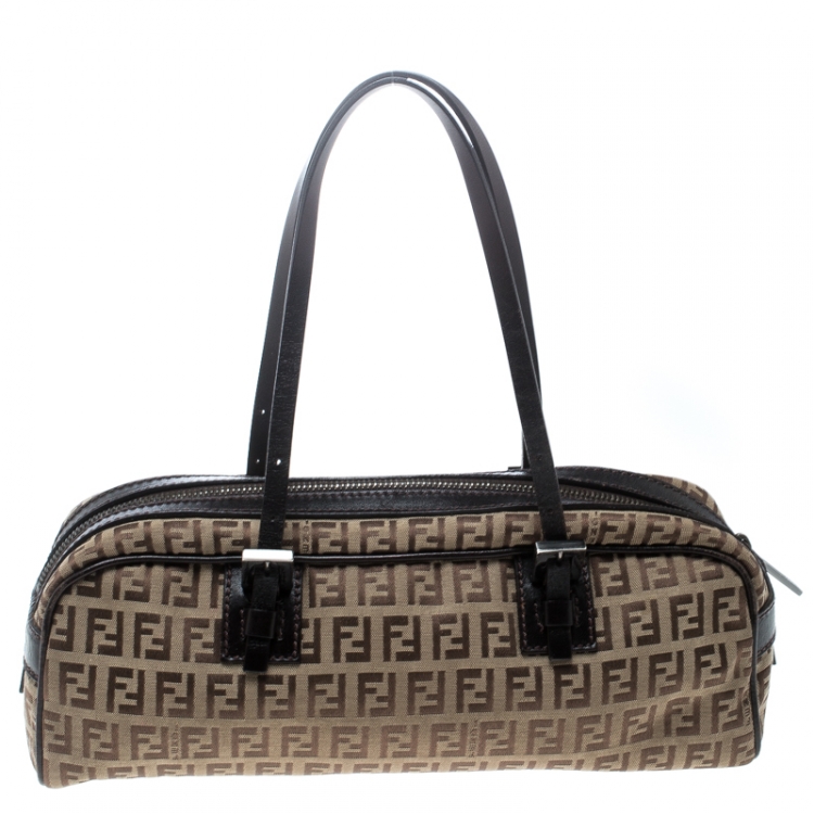 Pre Owned Fendi Brown Zucchino Canvas and Leather Bowler Bag