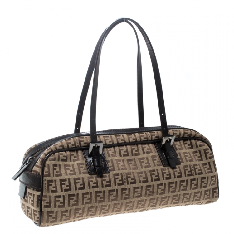 Pre Owned Fendi Brown Zucchino Canvas and Leather Bowler Bag