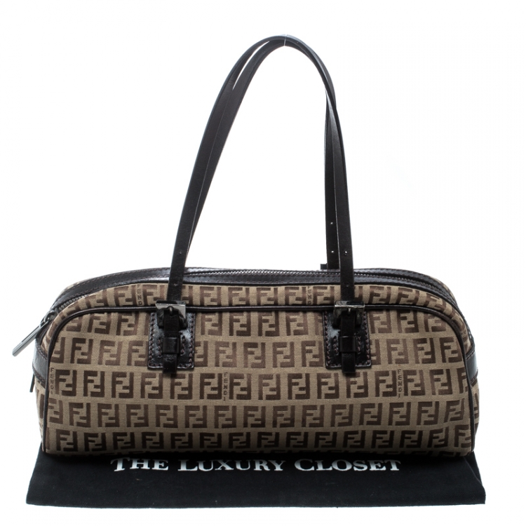 Pre Owned Fendi Brown Zucchino Canvas and Leather Bowler Bag