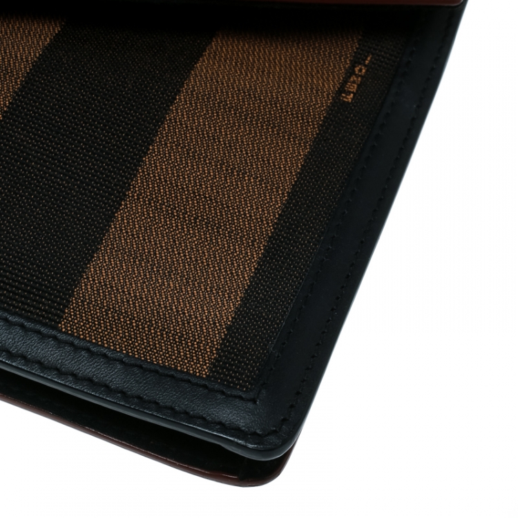 Pre Owned Fendi Brown Leather and Pequin Canvas Envelope Clutch