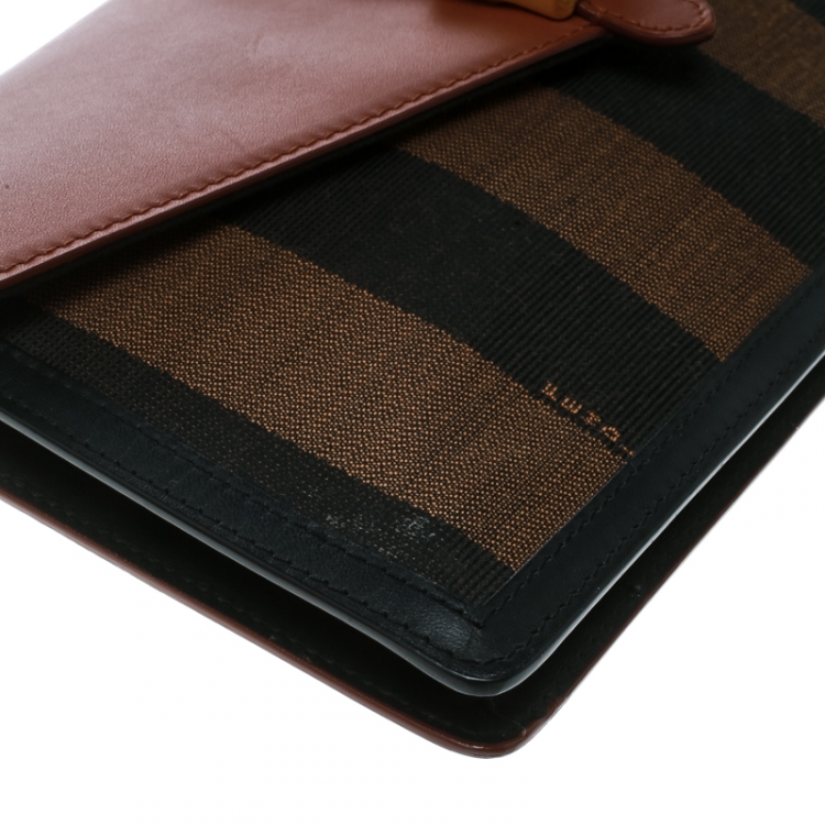 Pre Owned Fendi Brown Leather and Pequin Canvas Envelope Clutch