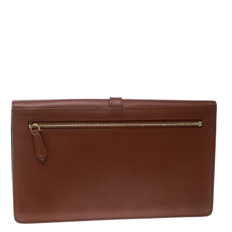 Pre Owned Fendi Brown Leather and Pequin Canvas Envelope Clutch