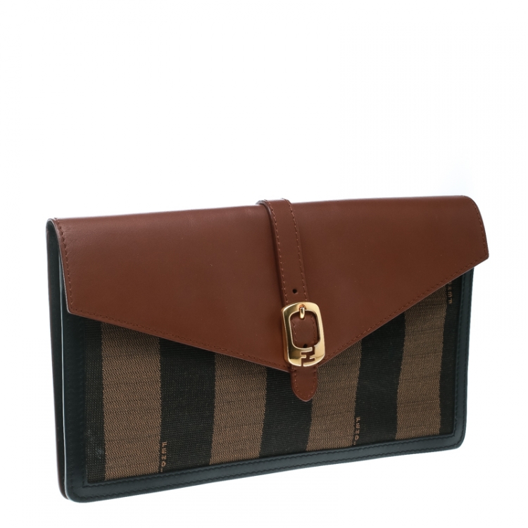 Pre Owned Fendi Brown Leather and Pequin Canvas Envelope Clutch
