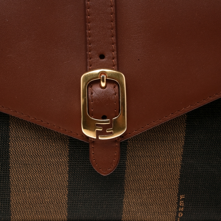 Pre Owned Fendi Brown Leather and Pequin Canvas Envelope Clutch