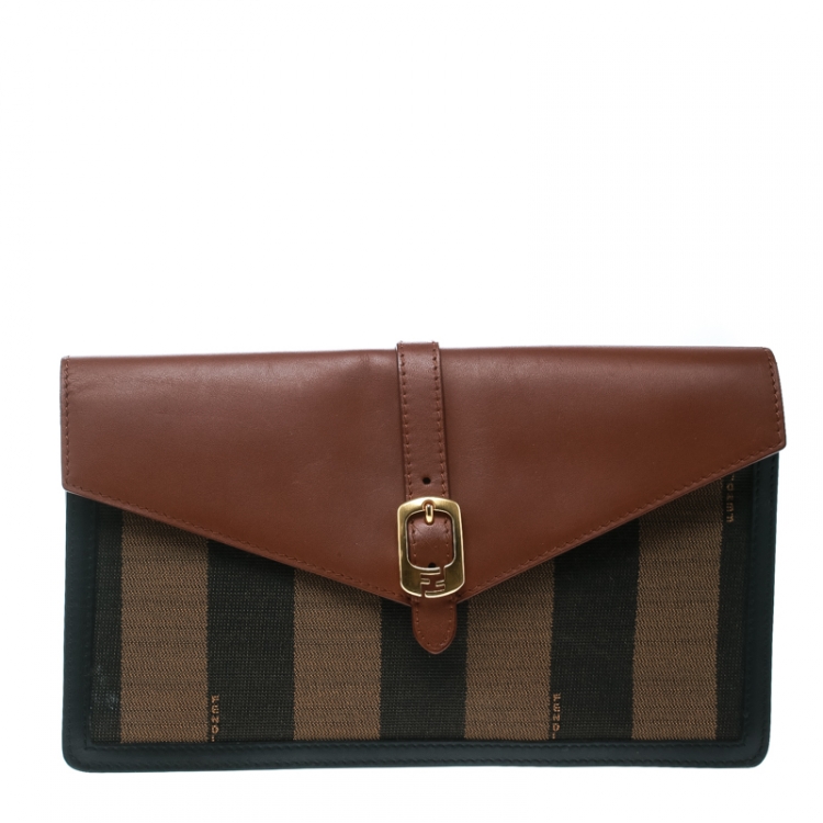 Pre Owned Fendi Brown Leather and Pequin Canvas Envelope Clutch