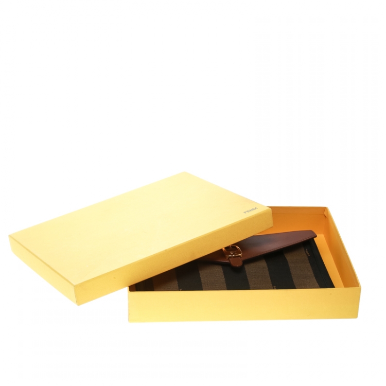 Pre Owned Fendi Brown Leather and Pequin Canvas Envelope Clutch