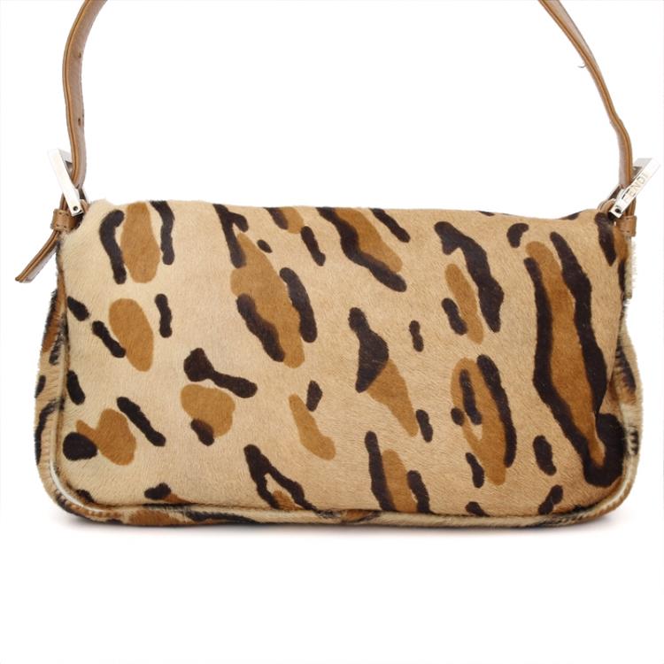 Pre Owned Fendi Brown Leopard Print Pony Hair Baguette Shoulder Bag