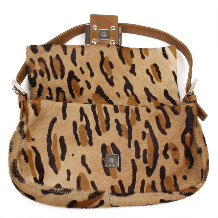 Pre Owned Fendi Brown Leopard Print Pony Hair Baguette Shoulder Bag