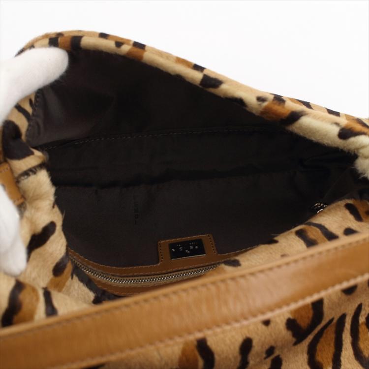 Pre Owned Fendi Brown Leopard Print Pony Hair Baguette Shoulder Bag