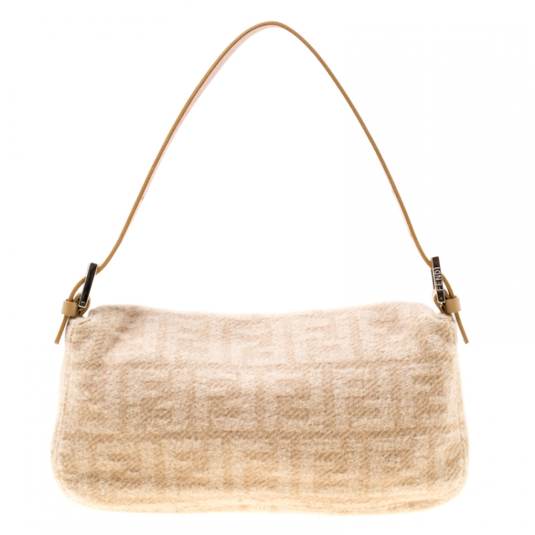 Pre Owned Fendi Beige Zucca Wool/Leather Baguette Shoulder Bag