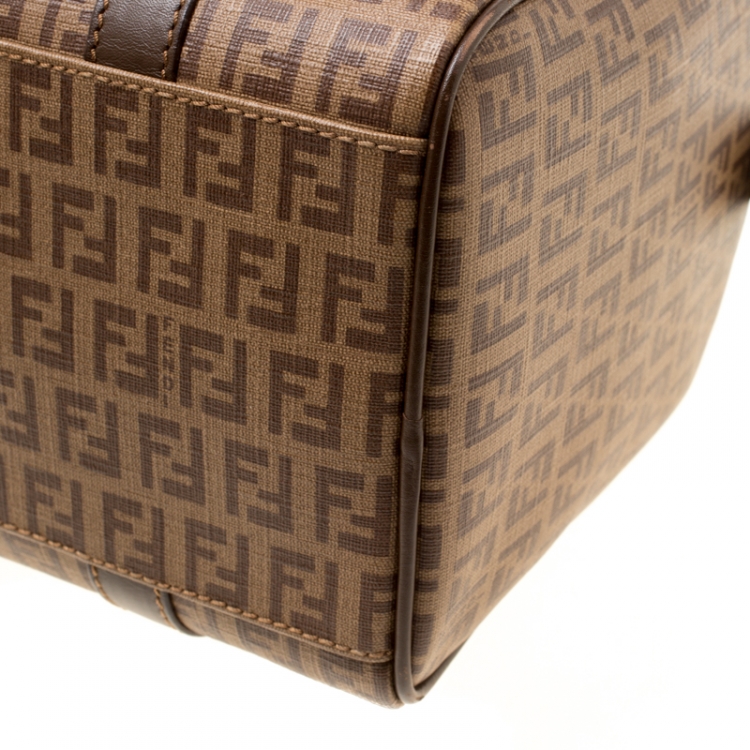 Pre Owned Fendi Brown Zucchino Coated Canvas Small Forever Bauletto Boston Bag