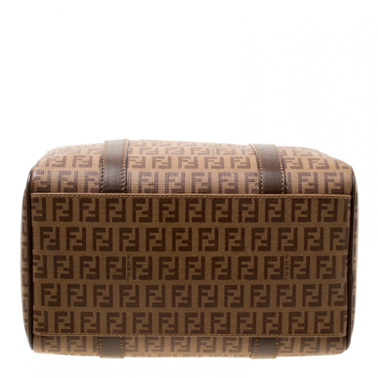 Pre Owned Fendi Brown Zucchino Coated Canvas Small Forever Bauletto Boston Bag