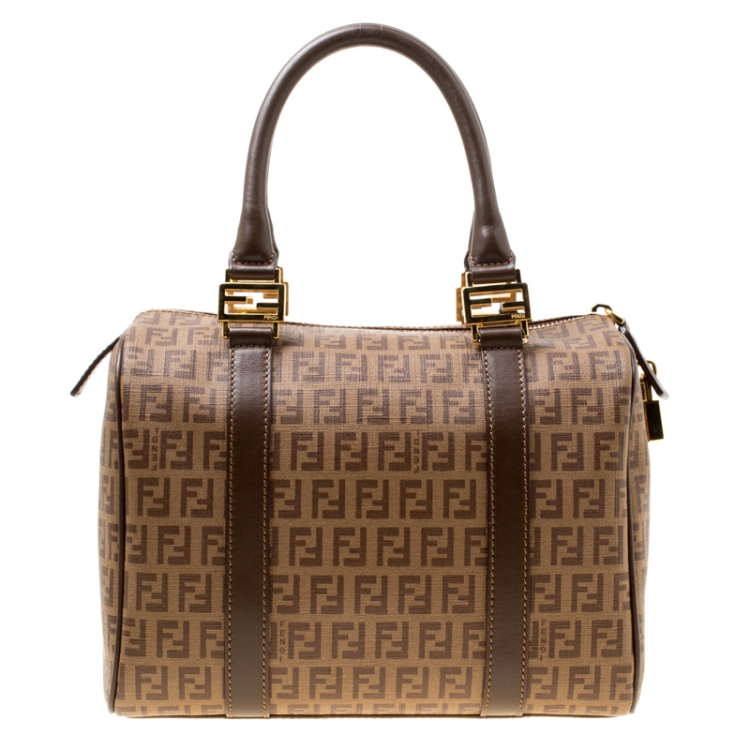 Pre Owned Fendi Brown Zucchino Coated Canvas Small Forever Bauletto Boston Bag