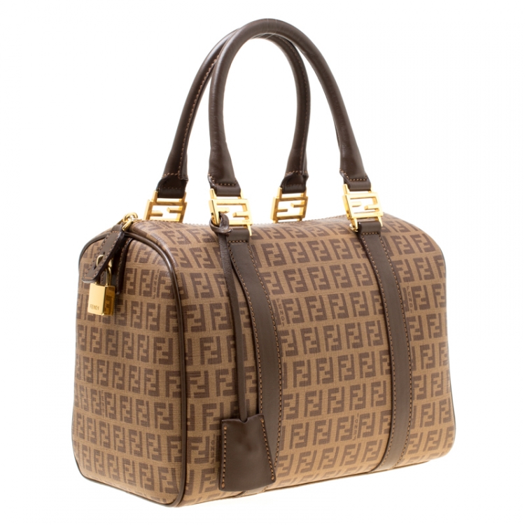 Pre Owned Fendi Brown Zucchino Coated Canvas Small Forever Bauletto Boston Bag