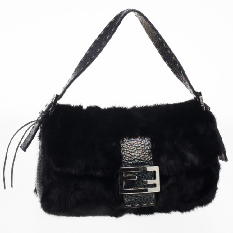 Pre Owned Fendi Black Mink Fur Baguette Bag