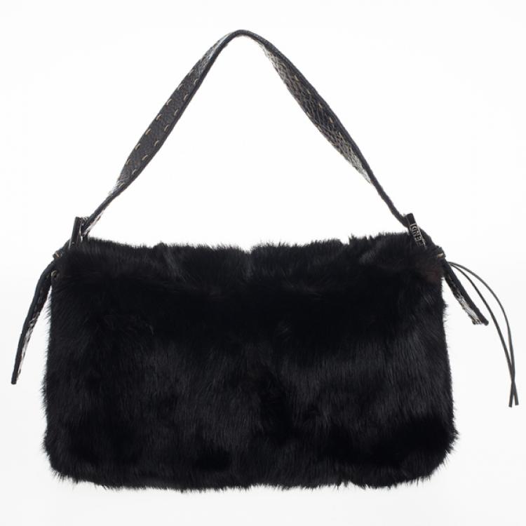 Pre Owned Fendi Black Mink Fur Baguette Bag