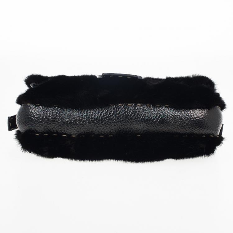 Pre Owned Fendi Black Mink Fur Baguette Bag