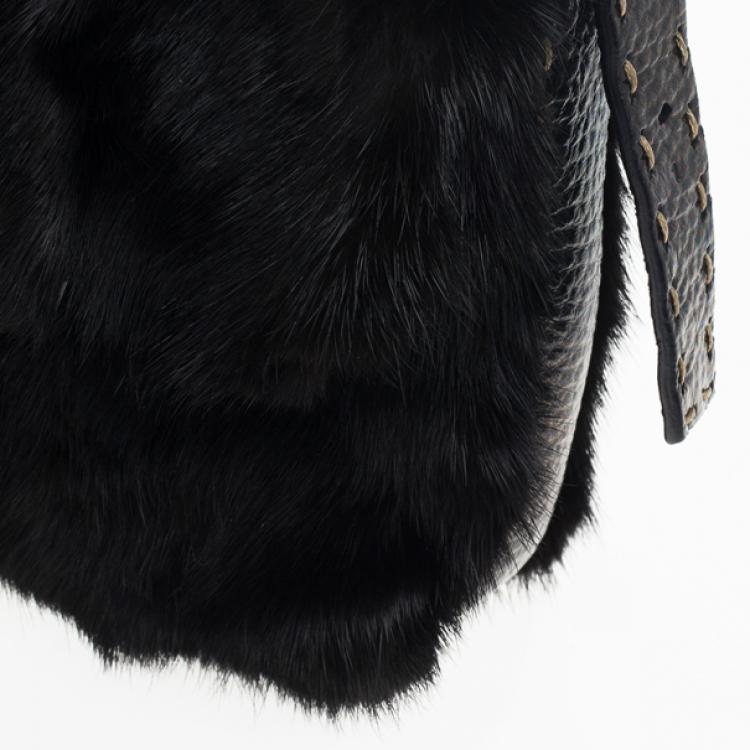 Pre Owned Fendi Black Mink Fur Baguette Bag