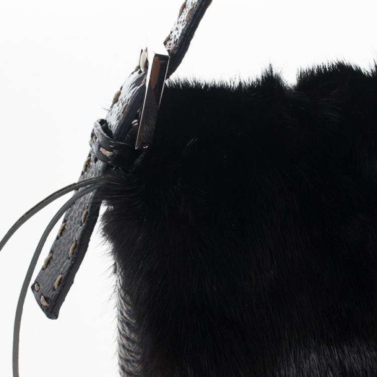 Pre Owned Fendi Black Mink Fur Baguette Bag