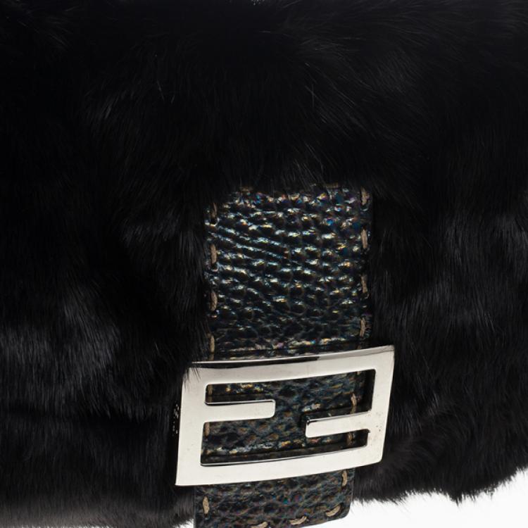 Pre Owned Fendi Black Mink Fur Baguette Bag