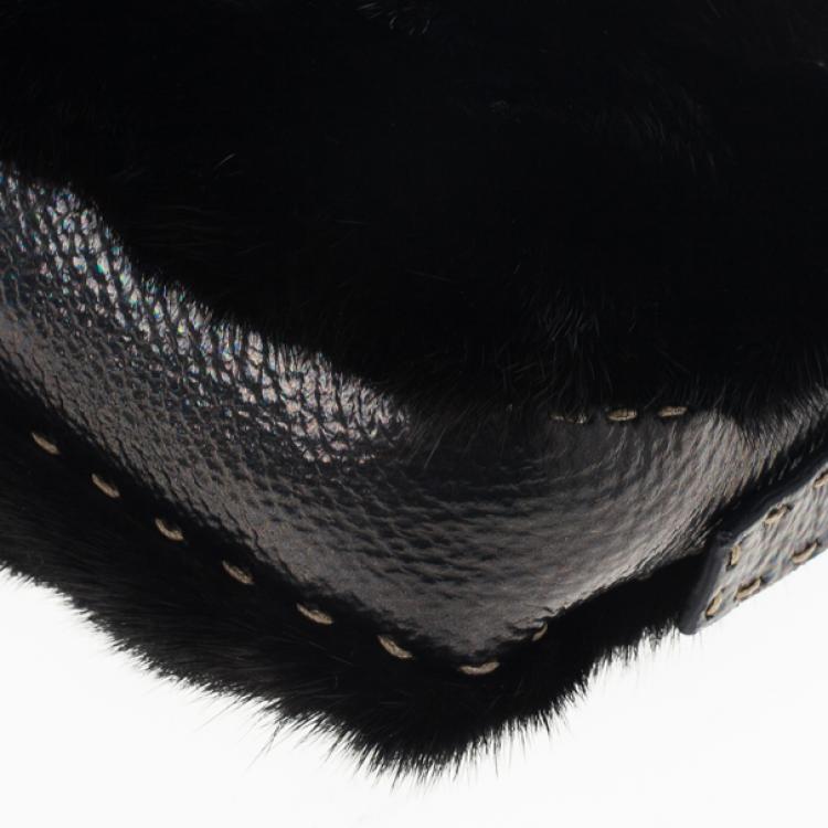 Pre Owned Fendi Black Mink Fur Baguette Bag
