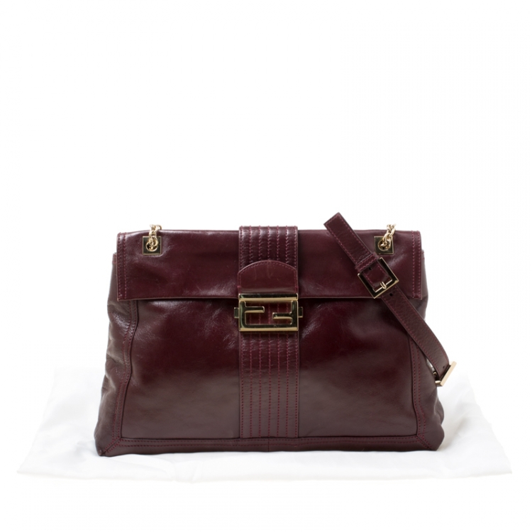 Pre Owned Fendi Burgundy Leather Maxi Baguette Flap Shoulder Bag