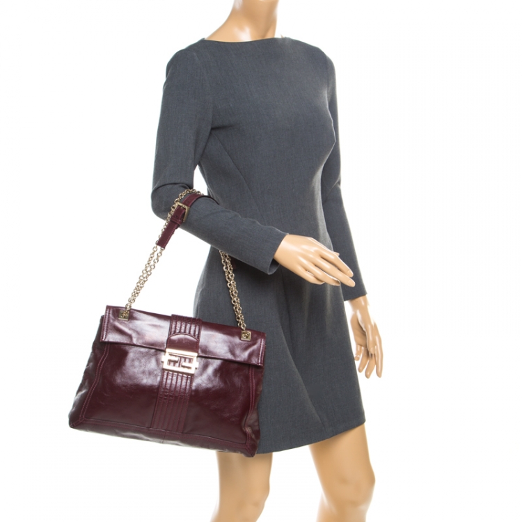 Pre Owned Fendi Burgundy Leather Maxi Baguette Flap Shoulder Bag