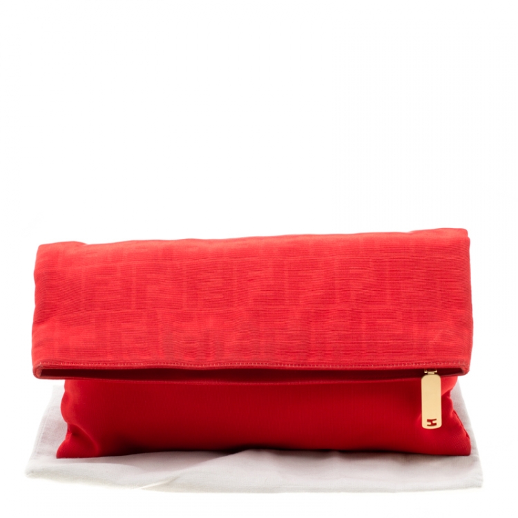 Pre Owned Fendi Red Zucca Fabric Fold Over Clutch