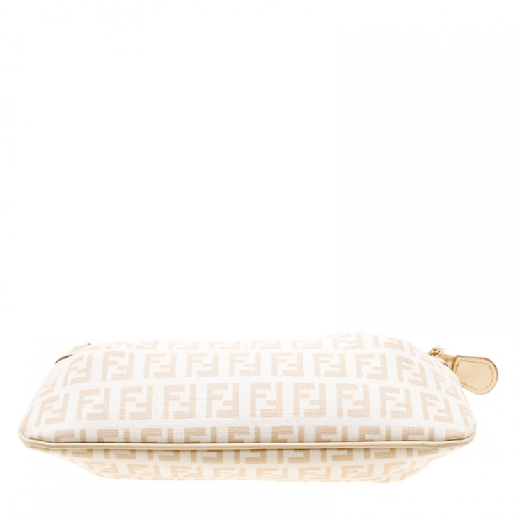 Pre Owned Fendi White/Beige Zucchino Coated Canvas Baguette Chain Shoulder Bag