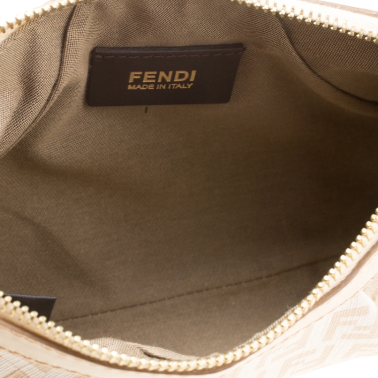 Pre Owned Fendi White/Beige Zucchino Coated Canvas Baguette Chain Shoulder Bag