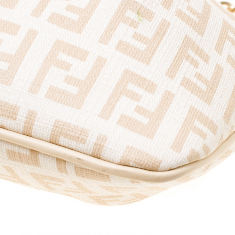 Pre Owned Fendi White/Beige Zucchino Coated Canvas Baguette Chain Shoulder Bag