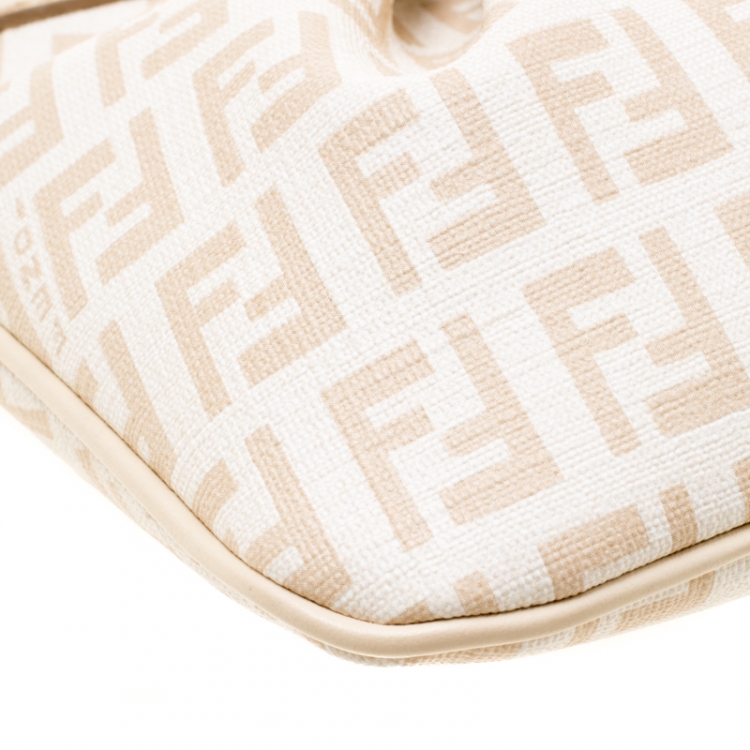 Pre Owned Fendi White/Beige Zucchino Coated Canvas Baguette Chain Shoulder Bag
