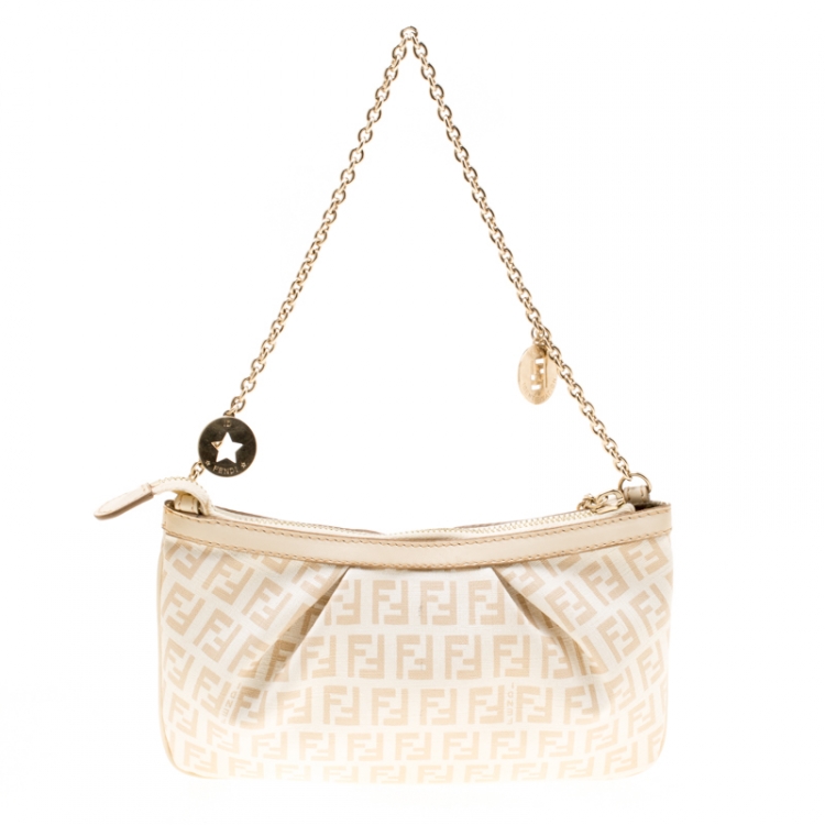 Pre Owned Fendi White/Beige Zucchino Coated Canvas Baguette Chain Shoulder Bag