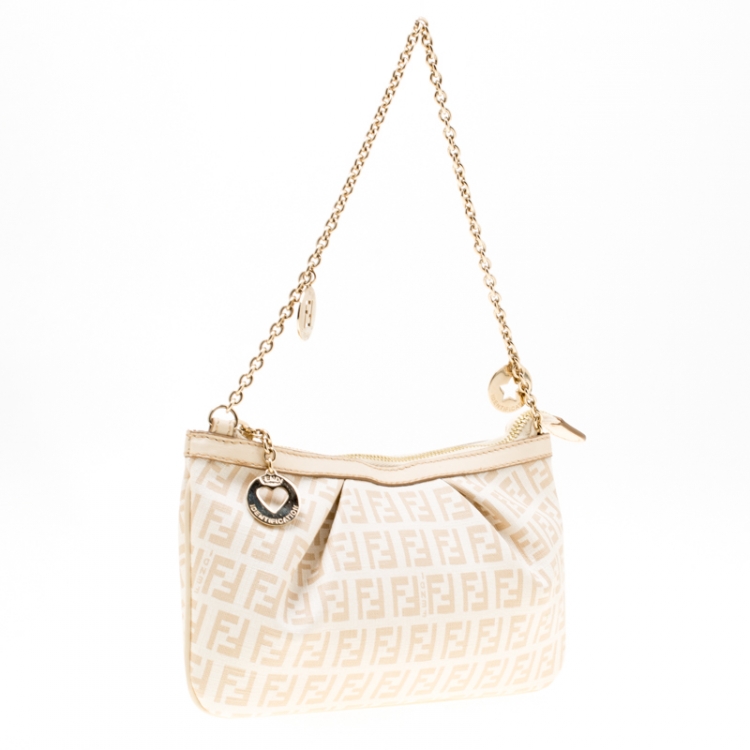 Pre Owned Fendi White/Beige Zucchino Coated Canvas Baguette Chain Shoulder Bag
