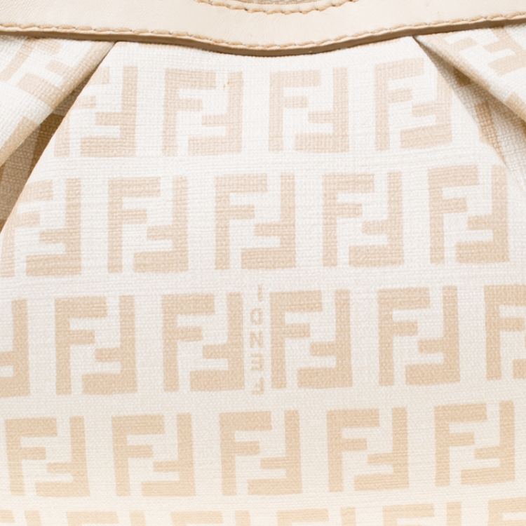 Pre Owned Fendi White/Beige Zucchino Coated Canvas Baguette Chain Shoulder Bag