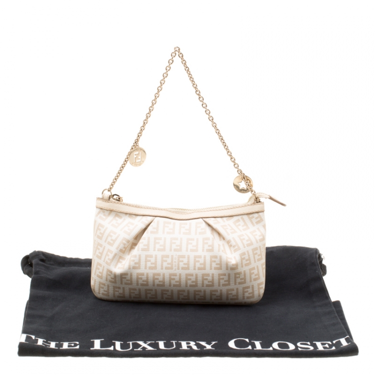 Pre Owned Fendi White/Beige Zucchino Coated Canvas Baguette Chain Shoulder Bag