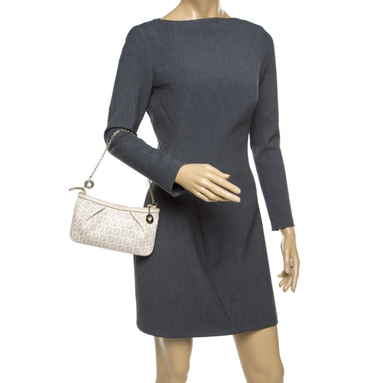 Pre Owned Fendi White/Beige Zucchino Coated Canvas Baguette Chain Shoulder Bag