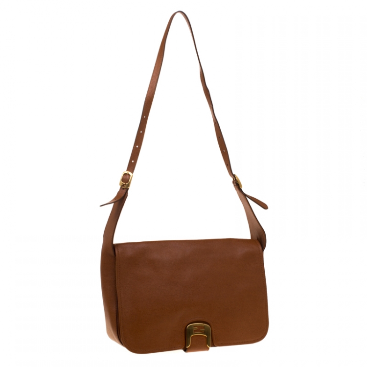 Pre Owned Fendi Brown Leather Messenger Bag