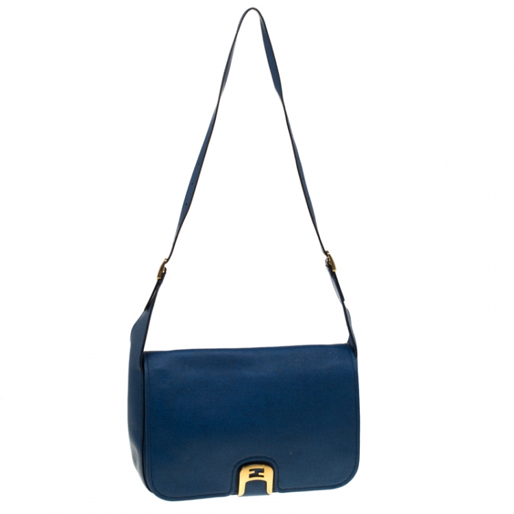 Pre Owned Fendi Blue Leather Messenger Bag