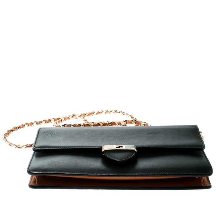 Pre Owned Fendi Black Leather Continental Wallet On Chain