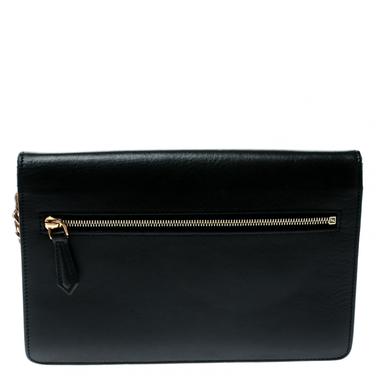 Pre Owned Fendi Black Leather Continental Wallet On Chain