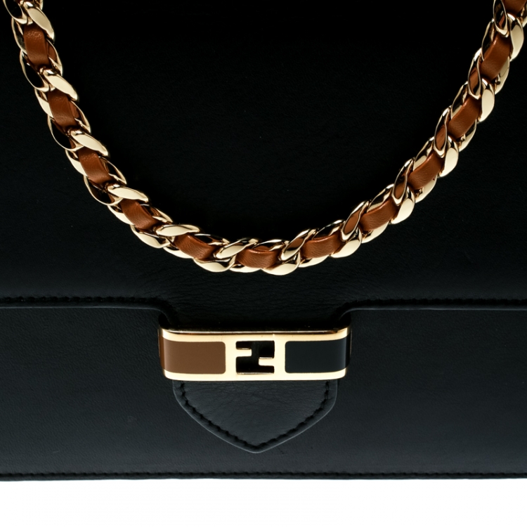 Pre Owned Fendi Black Leather Continental Wallet On Chain