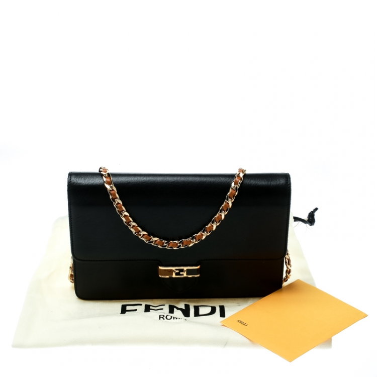 Pre Owned Fendi Black Leather Continental Wallet On Chain