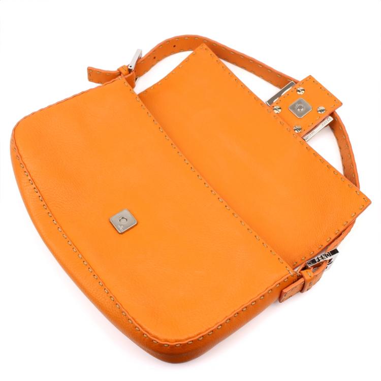 Pre Owned Fendi Orange Selleria Leather Baguette Shoulder Bag