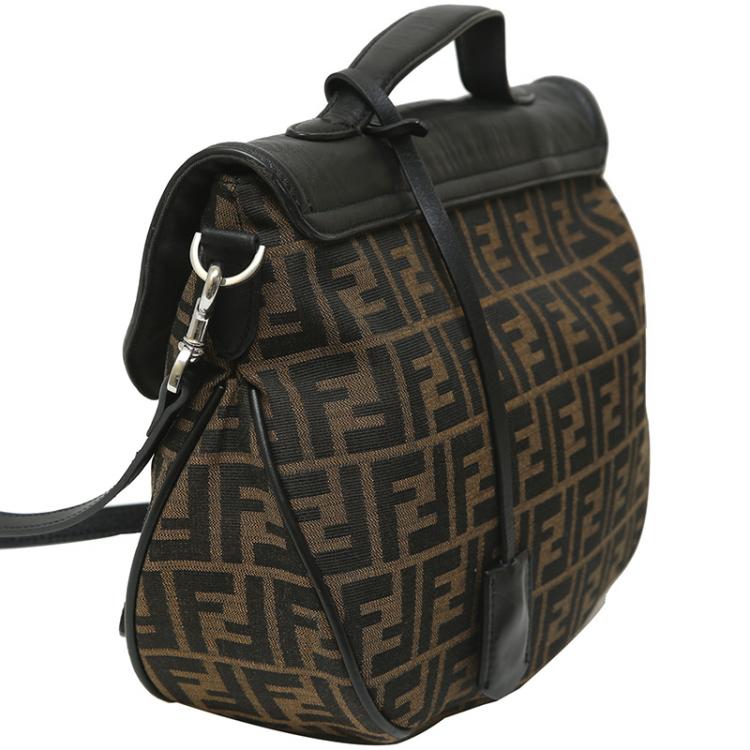 Pre Owned Fendi Tobacco/Black Zucca Canvas and Leather Messenger Bag