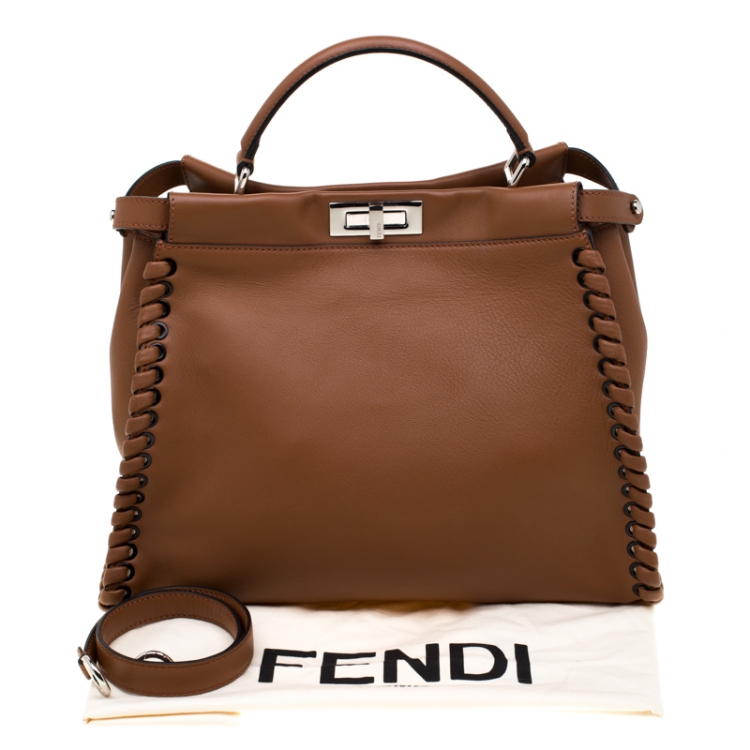 Pre Owned Fendi Brown Leather Large Lace Up Peekaboo Top Handle Bag