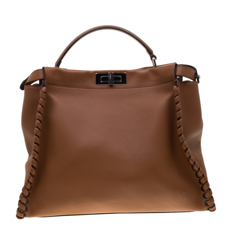 Pre Owned Fendi Brown Leather Large Lace Up Peekaboo Top Handle Bag